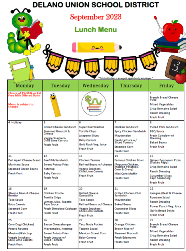  September Lunch menu